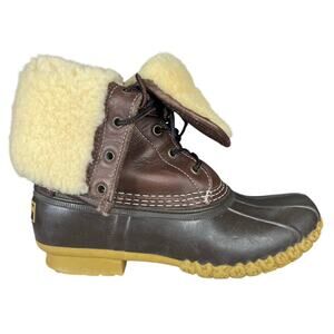 L.L. Bean Women's Shearling Lined Fold Down Brown Duck Boot Size US 6